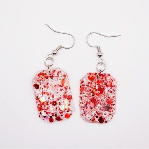 Red and White Glitter 1” Resin Earrings with silver Hardware